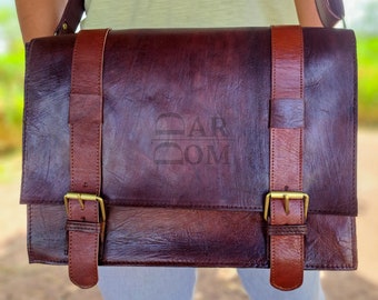 Handmade Moroccan Brown Goat Leather Messenger Bag: Laptop Satchel