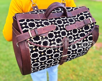 Handmade Kilim Leather Convertible Duffle Backpack: Geometric Boho Travel Bag
