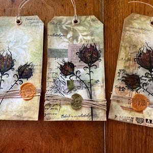 Handmade Mixed Media Gift Tags: Floral Art Journal Ephemera, Set of 3