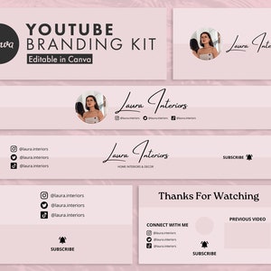 Youtube Branding Kit, Pink Minimal Youtube Branding, Editable Youtube Banner, Intro & Outro