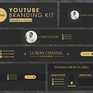 Youtube Branding Kit, Schwarz und Gold Luxus Youtube Branding, Bearbeitbares Youtube Banner, Intro & Outro