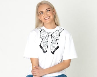 RIBBON COLLAR DESIGN Tee | Minimalist Women Ribbon Print Collar design Shirt | White Shirt | Summer Wear Shirts