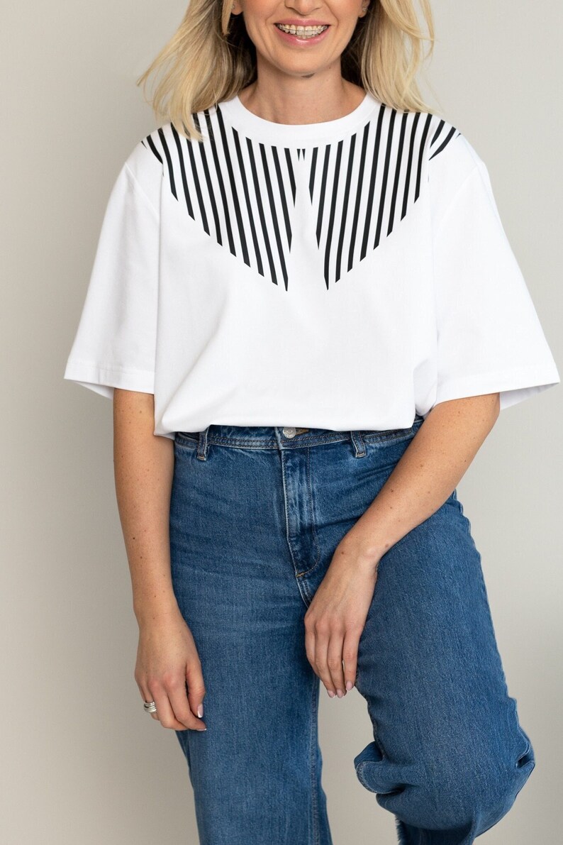 BLACK STRIPES SHIRT Women Collar Design White Cotton Shirt Party Wear Outfit Stripes Design Collar Shirt Frill Collar Shirt Crew Neck image 5