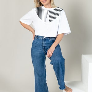 BLACK STRIPES SHIRT Women Collar Design White Cotton Shirt Party Wear Outfit Stripes Design Collar Shirt Frill Collar Shirt Crew Neck image 6