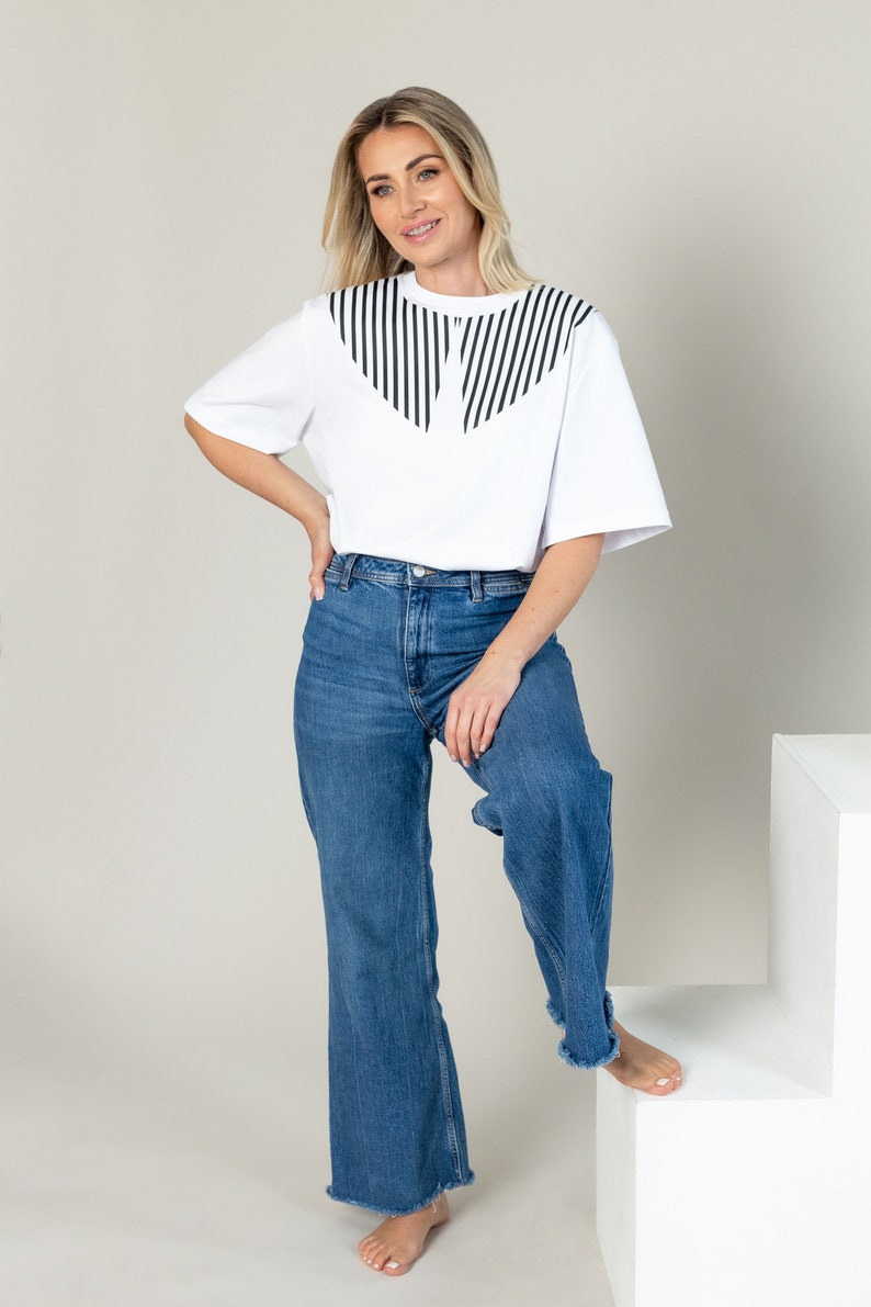 BLACK STRIPES SHIRT Women Collar Design White Cotton Shirt Party Wear Outfit Stripes Design Collar Shirt Frill Collar Shirt Crew Neck image 6