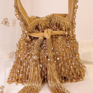 Golden Crystal Potli Bag with Long Drawstring Tassels | Embellished Gold Potli Bag  | Golden Party Clutch | Bridal Handbag | Wedding Purse