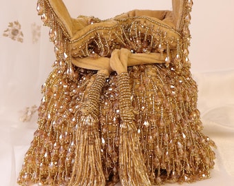 Golden Crystal Embellished Potli Bag: Bridal Wedding Clutch