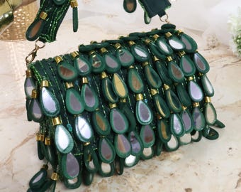 Dark Green Mirror Beaded Bag | Emerald Green Handcrafted Clutch | Boho Statement Purse