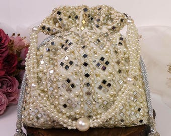 White Mirror Potli Bag with Pearl & Zardozi Embroidery | Off White Potli Bag | Indian Handcrafted Potli | Bridal Purse