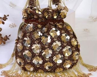 Dark Brown Potli Bag with Floral Sequin work, Indian Handcrafted Drawstring Pouch Purse, Wedding Clutch