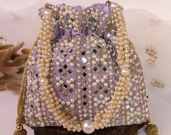 Purple Mirror Potli Bag with Pearl & Zardozi Embroidery | Lavender Potli Bag | Indian Handcrafted Potli | Bridal Purse