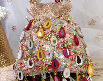 Beige Scalloped Mirror Beaded Potli Bag | Multicolor Beaded Boho Purse | Indian Handcrafted Drawstring Pouch