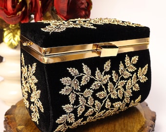 Black Velvet Embroidered Box Clutch with Zardozi Work | Fancy Bridal Clutch with Golden Chain Strap | Indian Handcrafted Clutch
