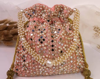 Peach Mirror Potli Bag with Pearl & Zardozi Embroidery | Pastel Orange Potli Bag | Indian Handcrafted Potli | Bridal Purse