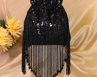 Black Sequin Beaded Potli Bag |  Long V Tassel Drawstring Wedding Clutch