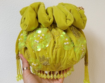 Lime Green Floral Potli Bag | Handcrafted Round Drawstring Pouch | Chartreuse Color Wedding Purse