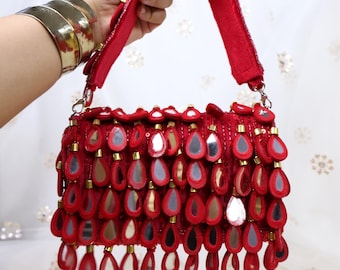 Red Mirror Work Clutch Bag | Indian Handcrafted Flap Bag | Bolsa De Espejo | Boho Purse