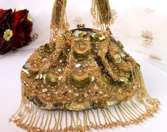 Golden Embroidered Clutch Bag: Indian Handcrafted Bridal Purse with Tassels
