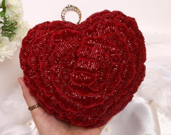 Red Beaded Heart Bag | Embroidered Heart Clutch | Rose Bag | Gift for Her