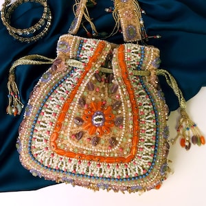 Beige Beaded Potli Bag with Tassels | Ethnic Indian Handcrafted Bridal Bag | Multicolor Drawstring Pouch