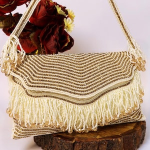 Cream Gold Envelope Clutch | Beaded Bridal Purse with tassels | Embellished Wedding Purse, Indian Handcrafted Off-white Purse | Gift for Her