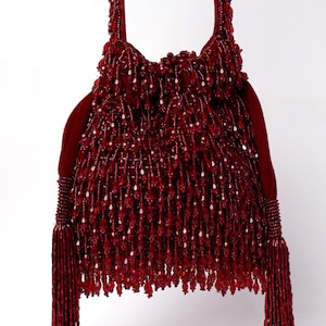Red Crystal Potli Bag with Long Drawstring Tassels | Embellished Red Potli Bag  | Red Party Clutch | Bridal Handbag | Wedding Purse