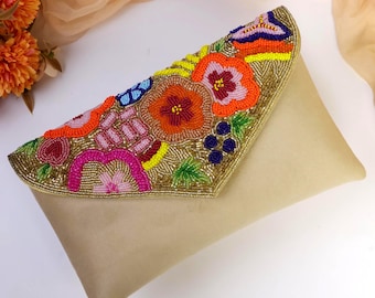 Golden Floral Beaded Clutch | Beaded Envelope Clutch | Floral Embroidered Purse | Handcrafted Summer Special Bag | Gift for Her
