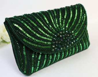 Green Sequin Embroidered Clutch | Statement Clutch | Embellished Bridal Purse for Weddings | Indian Handcrafted Gift for Her