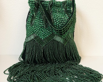 Emerald Green Beaded Potli Bag with Long Fringes | Handcrafted Drawstring Pouch Bag | Dark Green Statement Purse