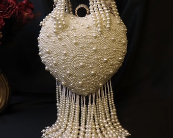 White Pearl Beaded Heart Bag with Long Tassels | Embroidered Heart Clutch | Bridal Purse | Valentines Gift | Galentine's Gift | Gift for Her