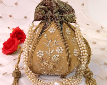 Golden Lotus Potli Bag | Gold Potli Bag | Embroidered Lotus Potli with Zardozi work | Indian Handcrafted Purse | Evening Bag | Bridal Clutch