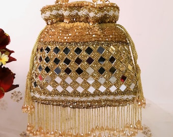 Golden Mirror Potli Bag with Crystal & Cut Dana Embroidery | Golden Bridal Purse | Indian Handcrafted Potli Bag