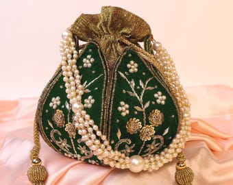 Dark Green Lotus Potli Bag | Embroidered Lotus Potli with Zardozi work, Indian Handcrafted Purse, Evening Bag, Bridal Clutch, Blackish Green