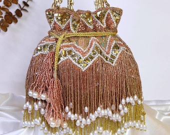 Peach Potli Bag with Heavy Tassels, Pink Beaded Drawstring Pouch Bag, Wedding Clutch, Bridal Bag, Gift for Her
