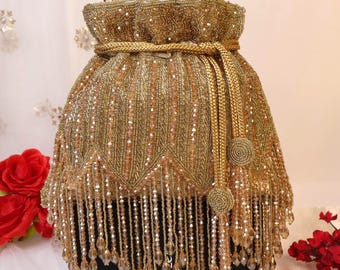 Golden Potli Bag with Crystal Tassels and Cutdana Beads Embellishments, Bridal Purse, Wedding Clutch, Indian Handcrafted Potli, Gift for Her