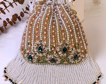 Golden Pearl Embroidered Potli Bag: Handcrafted Drawstring Bridal Purse with Tassels