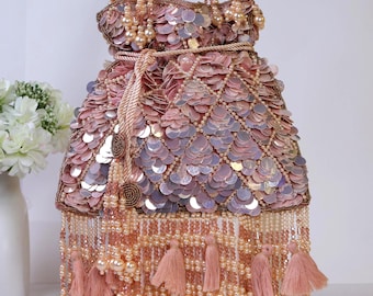 Peach Potli Bag with Heavy Tassels, Pink Sequin Embellished Indian Handcrafted Potli Bag, Wedding Clutch, Bridal Bag, Gift for Her
