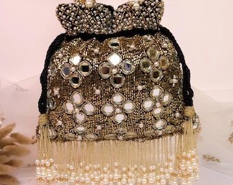 Black Mirror Potli Bag with Pearls & Cut Dana Embroidery | Gold Black Bridal Purse | Indian Handcrafted Potli Bag