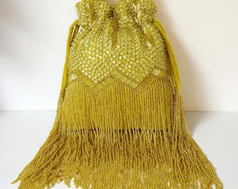 Lime Green Beaded Potli Bag with Fringes | Handcrafted Drawstring Pouch Bag | Chartreuse Wedding Purse