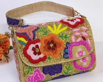 Floral Beaded Clutch | Golden Beaded Flap Bag | Handcrafted Embroidered Purse | Summer Special | Gift for Her