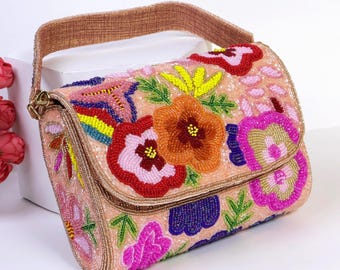 Peach Floral Beaded Clutch | Pink Beaded Flap Bag | Handcrafted Embroidered Purse | Summer Special | Gift for Her