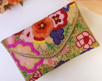 Chic Floral Beaded Clutch | Golden Beaded Envelope Clutch | Floral Embroidered Purse | Handcrafted Summer Special Bag | Gift for Her