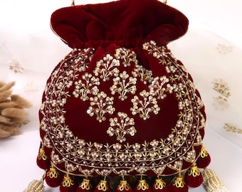 Maroon Velvet Embroidered Potli Bag | Bridal Drawstring Pouch with Round Tassels | Indian Handcrafted Wedding Purse
