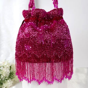 Magenta Pink Beaded Potli Bag | Embroidered Hot Pink Drawstring Pouch Bag | Bride to Be Purse | Barbie Bag