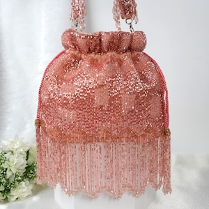 Bolso Potli de oro rosa con borlas en zigzag / Bolso Potli color melocotón con adornos de cristales / Clutch de fiesta / Bolso de novia / Bolso de mano para boda