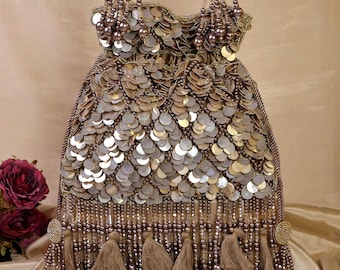 Copper Potli Bag with Heavy Tassels, Sequin Embellished Indian Handcrafted Potli Bag, Wedding Clutch, Bridal Bag, Gift for Her