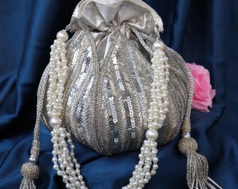 Silver Lotus Potli Bag | Sequins & Pearl embellished Bridal Clutch