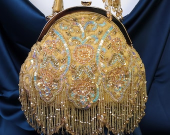 Golden Embroidered Clutch Bag | Gold Bridal Purse with Tassels | Wedding Bag | Embellished Clutch | Indian Handcrafted Bag, Gift for Her