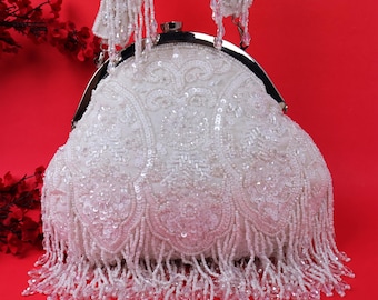 White Embroidered Bridal Clutch: Pearl Beaded Handle, Handcrafted Wedding Bag