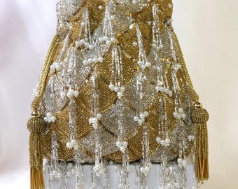 Golden Scallop Potli Bag with Tassels  | Indian Handcrafted Silver & Gold Beaded Potli Purse for Weddings